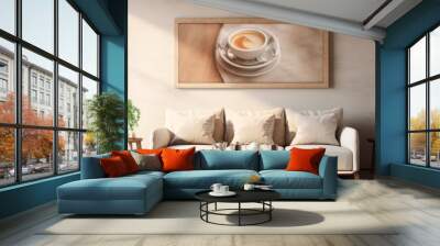 A cozy and inviting café interior is illuminated by natural light, featuring a sofa and wooden tables, with a framed picture of a pathway through trees, exuding a sense of calm and relaxation. Wall mural