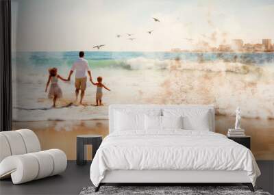 A family of a father mother and children walking on the beach, the drawing is made in the style of watercolor painting. Walking along the sea summer coast. Family vacations abroad. Travel Wall mural