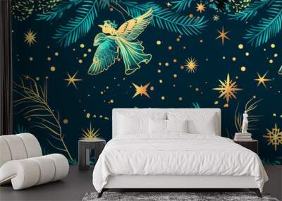 A festive Christmas background featuring intricate blue and gold designs adorned with angels and stars. The angels are depicted in various poses, holding instruments. Seamless pattern. Banner. Copy Wall mural