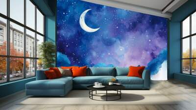 A painting depicting a night sky with a crescent moon shining brightly among the stars. Night Tales for Toddlers. Baby Background. Meditation and relaxation. Banner. Copy space Wall mural