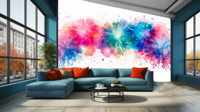 A watercolor masterpiece captures the vibrant essence of fireworks exploding against the night sky, all set on a pristine white canvas. Banner. Wall mural