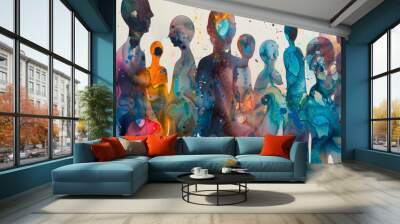 Abstract painting depicting group of people gathered, interacting, engaging activities. Dynamic captures diversity, energy group, portraying a sense of community, togetherness. Banner. Copy space Wall mural