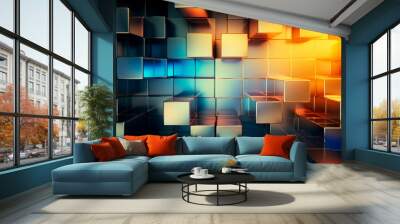 Cubes of varying sizes are placed strategically in a room, creating an abstract and geometric composition. The cubes cast shadows on the floor, adding depth to overall arrangement. Banner. Copy space Wall mural