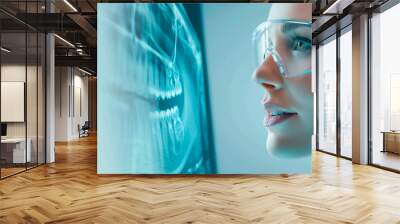 in a professional setting, a woman dons protective goggles, her attention riveted to a computer scre Wall mural