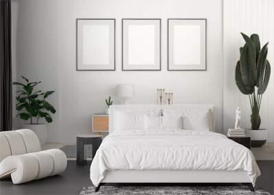 Empty photo frame hanging for mockup in empty white room. 3D rendering. Wall mural