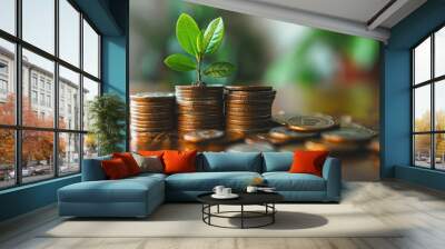 Journey to financial success begins with a single sprout, breaking through a mound of golden coins. Wall mural