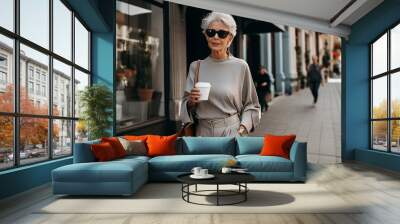 A stylish elderly woman in eyeglasses walks along a city street with a mug of coffee to go. Wall mural