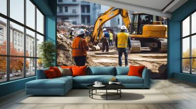 A team of workers against the backdrop of large construction vehicles. Bulldozers and excavators. The process of preparing the foundation of a building. Construction site Wall mural