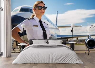 African American female pilot in uniform in sunglasses worth crossing arms on chest. Confident African American female pilot stands in dark sunglasses in airport preparing for important flight Wall mural