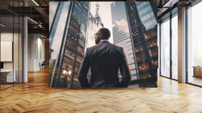 Back view of an African-American businessman in a formal suit against the backdrop of skyscrapers in the business district of the city. Success and prosperity. Hard work in finance. Wall mural