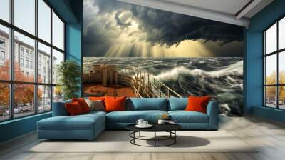 Cargo ship in stormy sea. Huge waves under blue sky in the Ocean. Wall mural