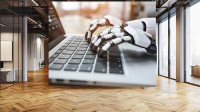 Chatbot. Robot hands typing text on a laptop keyboard. The robot's fingers delicately caress the keys, as it brings the power of language to life through its mechanical touch. Wall mural