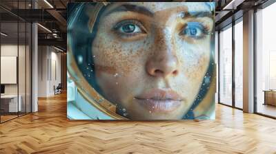 Close-up of a Caucasian female astronaut in a spacesuit. Her focused gaze reveals a mix of excitement and serenity, as she embarks on an extraordinary journey. Wall mural