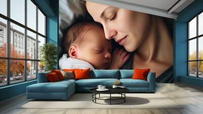 Close-up photo of a lovely Caucasian mother shares moment with child nestled in arms in tender care and warmth. Loving mom holds baby close in moment filled with tenderness with affection. Wall mural