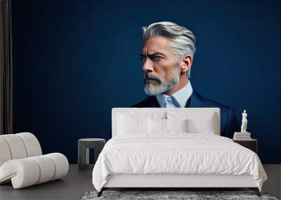 Close-up portrait of a stylish grey haired middle aged man in a blue suit. Photo with copy space. Man over dark blue background looking at caopy space. Wall mural