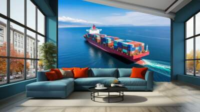 Container ship at sunset. Sea freight is one of the most important engines of the modern economy. Aerial photo. Wall mural