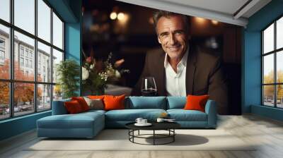 Date. Smiling middle aged Caucasian man on date in an expensive restaurant. He holds a glass of wine and looking at you. A romantic moment at a restaurant. Wall mural