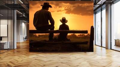 Father and son. Communication at sunset. Silhouette of two cowboys against the backdrop of sunset. Wall mural