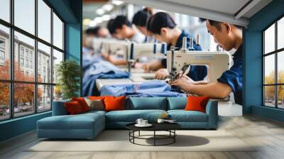 Focused young Asian male tailors with appearance sews things from natural fabric using sewing machine at clothes making factory. Handwork and sewing with help of mechanism. Wall mural