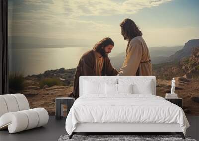 Holy faith and healing of the soul. Jesus blesses a believer kneeling before him. Wall mural