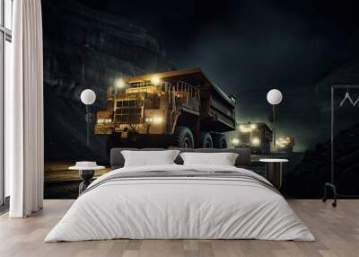 Industrial coal mine or quarry. Several huge quarry trucks carry the rock for beneficiation and processing. Large mining trucks work the night shift. Wall mural