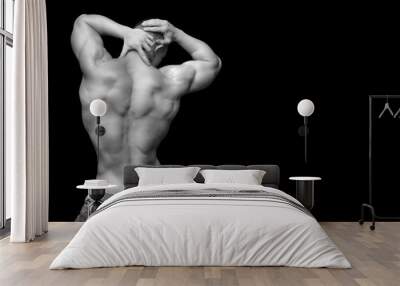 Isolated black and white muscle man. Back view Wall mural