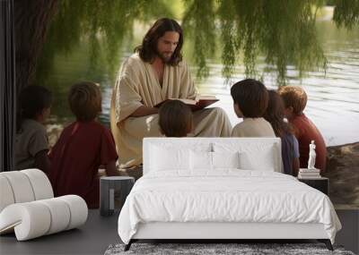 Jesus sitting in clearing under tree reading book and smiling with children. Jesus teaches children new knowledge by reading book under tree on warm summer day. Jesus shares knowledge with children Wall mural