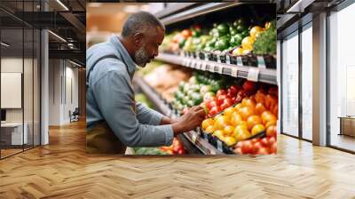 Mature African American man shopping in grocery store. Side view choosing fresh fruits and vegetables in supermarket. Shopping concept. Wall mural