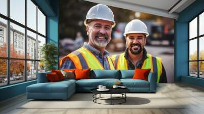 Men builders in reflective vests and protective helmets pose for photo smiling during work break. Cheerful workers friends in warm uniforms stand on construction site with operating tractor Wall mural