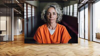 Middle aged woman in prison uniform sits behind bars in dark prison for criminal acts leaving free life. Fair punishment of perpetrator for prohibited events. Woman angry face and hatred of female Wall mural