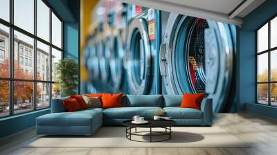 Multiple Industrial Washing Machines in Laundry Shop, Washing with hot and cold water keeps clothes clean and trendy. A row of industrial washing machines in a public laundromat. Wall mural