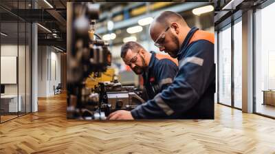 Photo of a male workers checking quality of mechanisms at a large machine-building enterprise. Mechanical engineering, as one of the most important components of independence of the country's economy. Wall mural