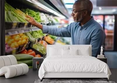 Photo of a mature African American man shopping in grocery store. Side view choosing fresh fruits and vegetables in supermarket. Healthy eating concept. Wall mural