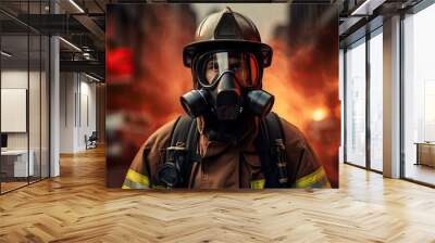 Portrait of a firefighter in safety uniform, helmet and cas mask. Professional fireman in gas mask looking at camera. Portrait of a firefighter after exhausting work. Wall mural