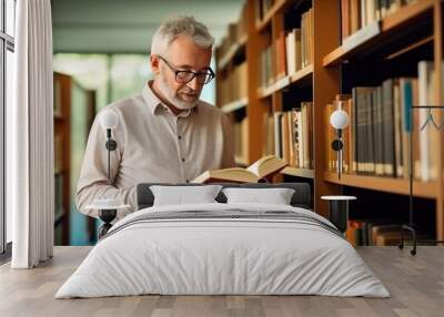 Senior Caucasian man university lecturer in glasses reads book repeating material to preach subject to students in dark library. Professor studies material gaining experience in educational Wall mural