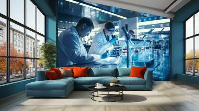 Several people in the process of working in a modern pharmaceutical laboratory. Research and creation of innovative drugs to improve the standard of living of people. Wall mural