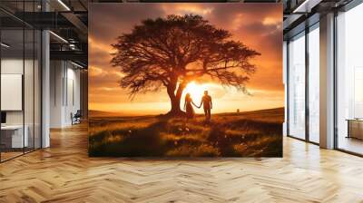 Silhouette of a loving couple under the tree durin sunset. Wall mural