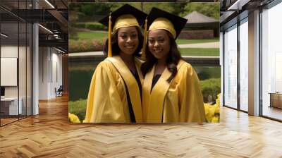 Smiling African-American student couple in mortarboards and gowns celebrates graduation on college stadium. Happy young friends with university degree portrait. Success in education of students Wall mural