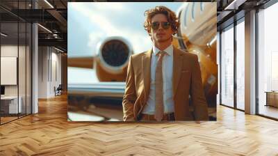 Stylish businessman exiting a private jet. The wind teases the businessman's hair and clothes, adding a sense of dynamic energy to the moment of his departure from the private jet. Wall mural