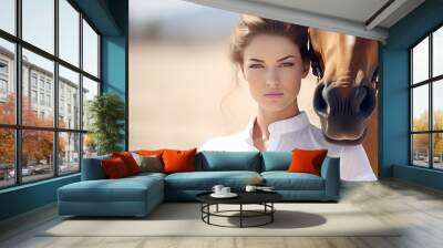 Stylish portrait of a female horsewoman with her horse. Cropped photo. Close-up. Wall mural