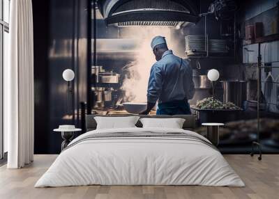 chef cooking food at kitchen in a modern designed commercial restaurant, generative AI. Wall mural