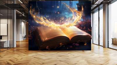 the glowing magical book flying in magical night. Wall mural