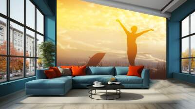 Umbrella woman and sunset silhouette Wall mural