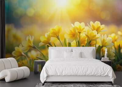 Beautiful pastel yellow spring flowers in bright sunlight , bouquet, pastel, yellow, spring, flowers, bright, sunlight, nature Wall mural