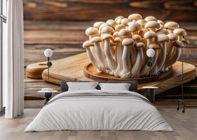 Fresh hon-shimeji mushrooms on a wooden cutting board , hon-shimeji, mushrooms, fungi, organic, fresh, vegetables, cooking Wall mural