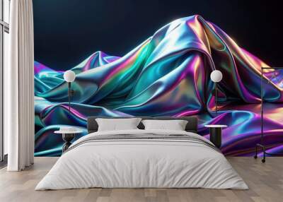 Futuristic cyberpunk silk cloth with holographic flow on black background, futuristic, cyberpunk Wall mural