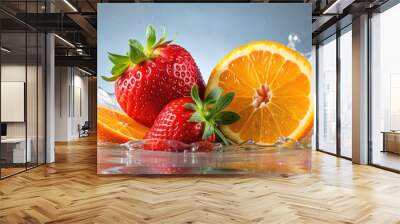 Juicy orange and ripe strawberry splashing in refreshing water, fruit, citrus, berries, splash, water, refreshing, juicy Wall mural