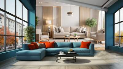 Modern beige living room interior with a comfortable sofa and chair, room, interior, beige, living, modern, furniture Wall mural