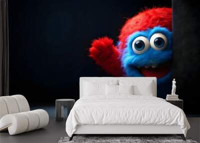 Red and blue monster peeking out from a dark black background, monster, red, blue, eyes, scary, spooky, creature Wall mural