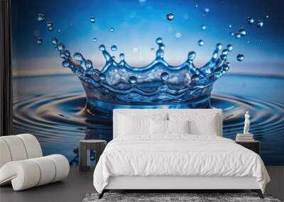 Refreshing image of splashing water forming a crown with blue droplets, splash, water, crown, refreshing, blue, droplets, wet, liquid Wall mural